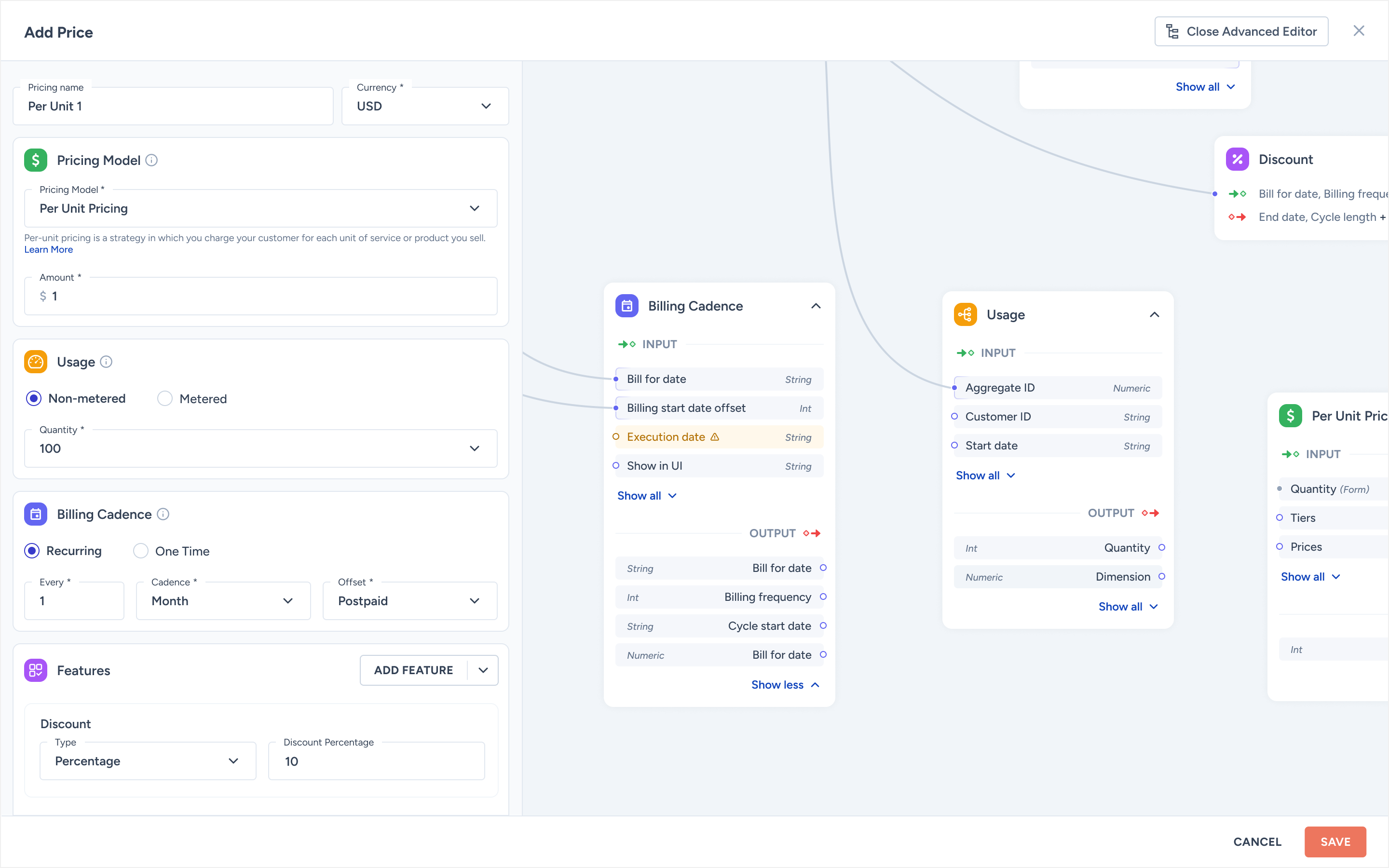 Advanced Editor for Add Price, showing the form on the left and a node graph on the right with Billing Cadence, Usage, Discount, and Per Unit Price nodes wired together.