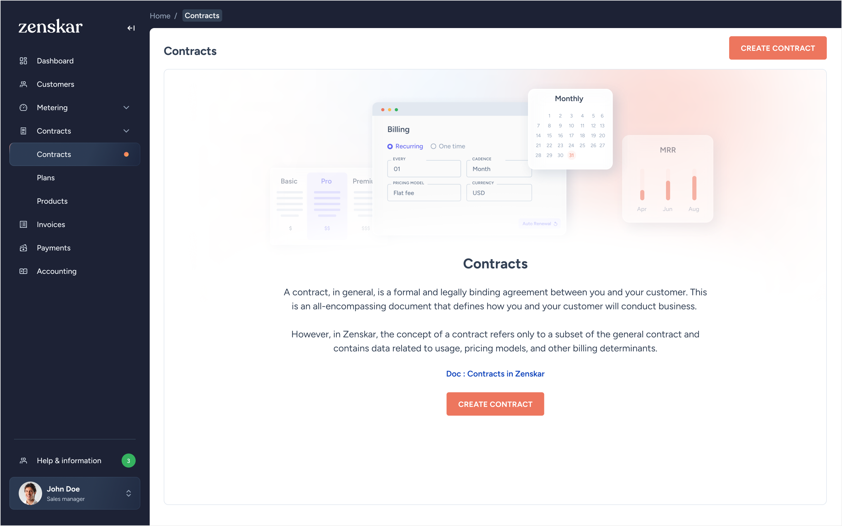 Contracts landing page with educational copy and Create Contract CTA