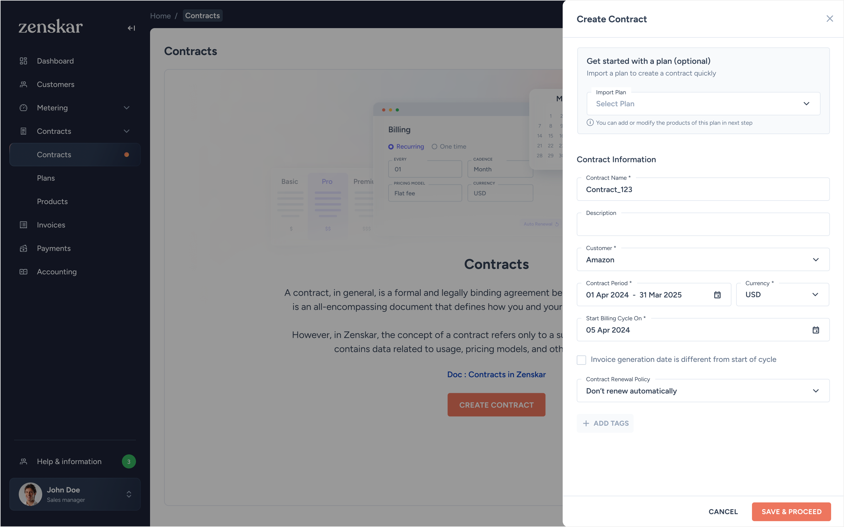 Create Contract side panel with optional plan import, customer, period, currency, and renewal