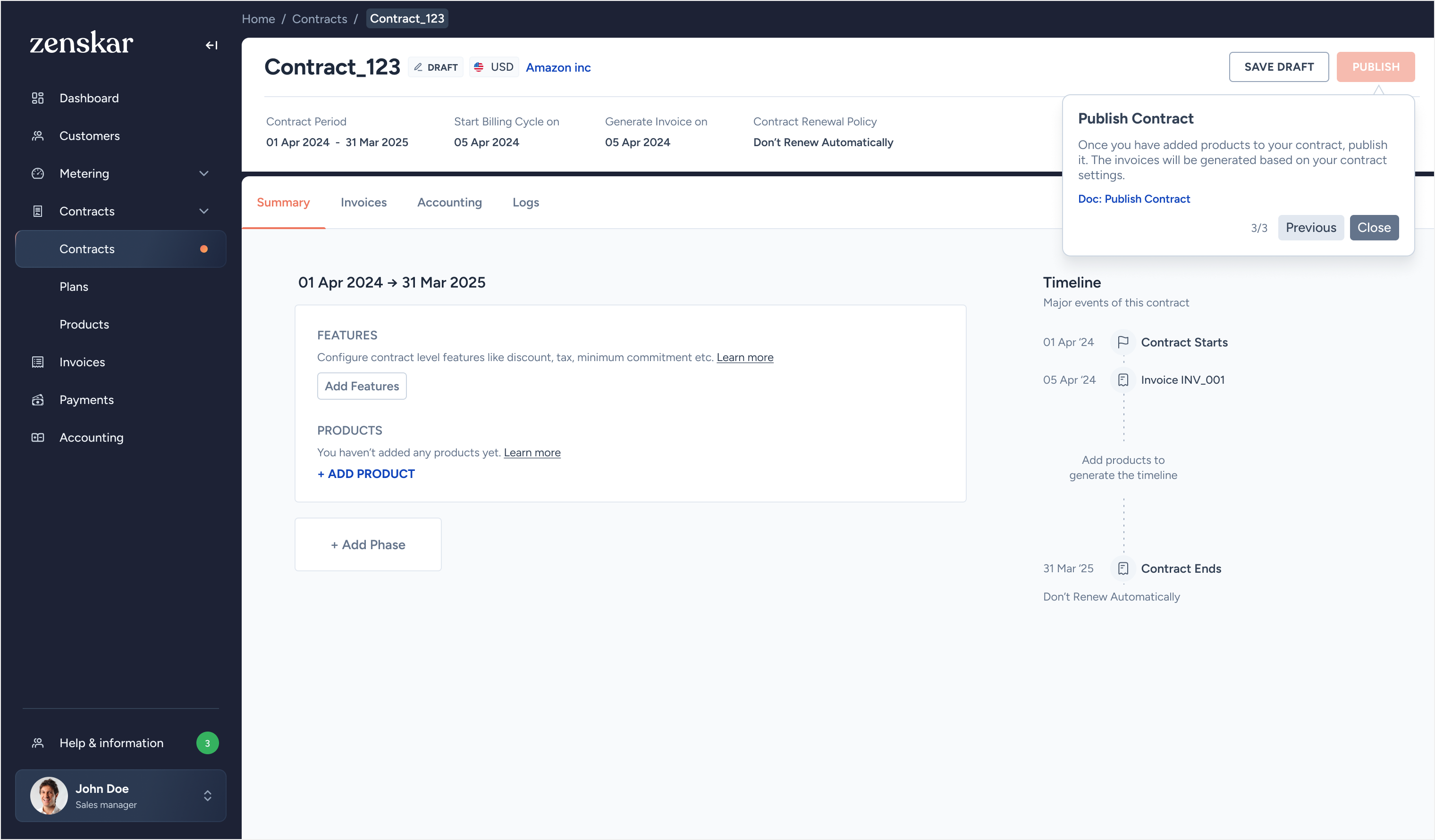 Empty contract with Publish tour tooltip 3 of 3