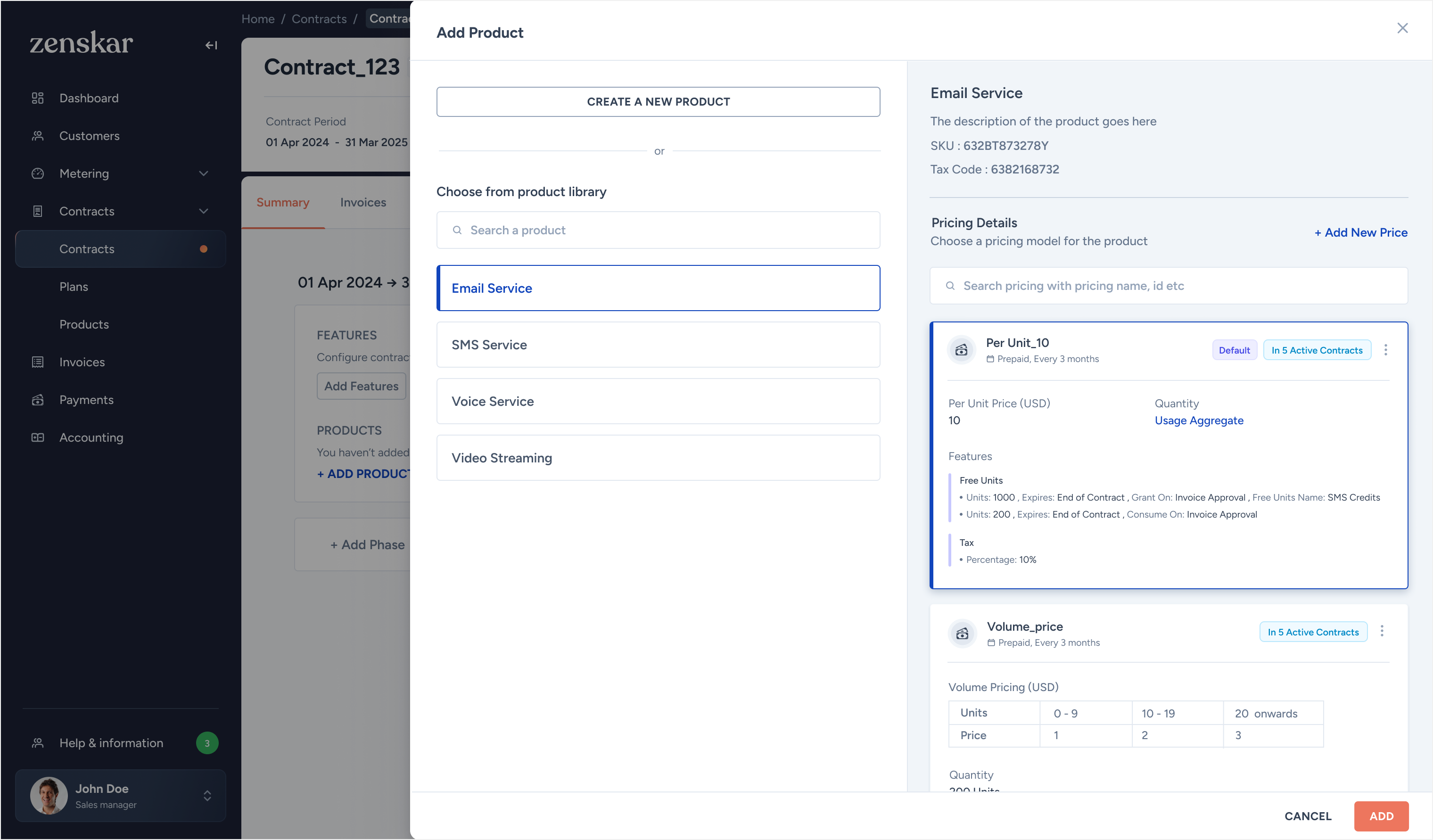 Add Product side panel listing product library and pricing details