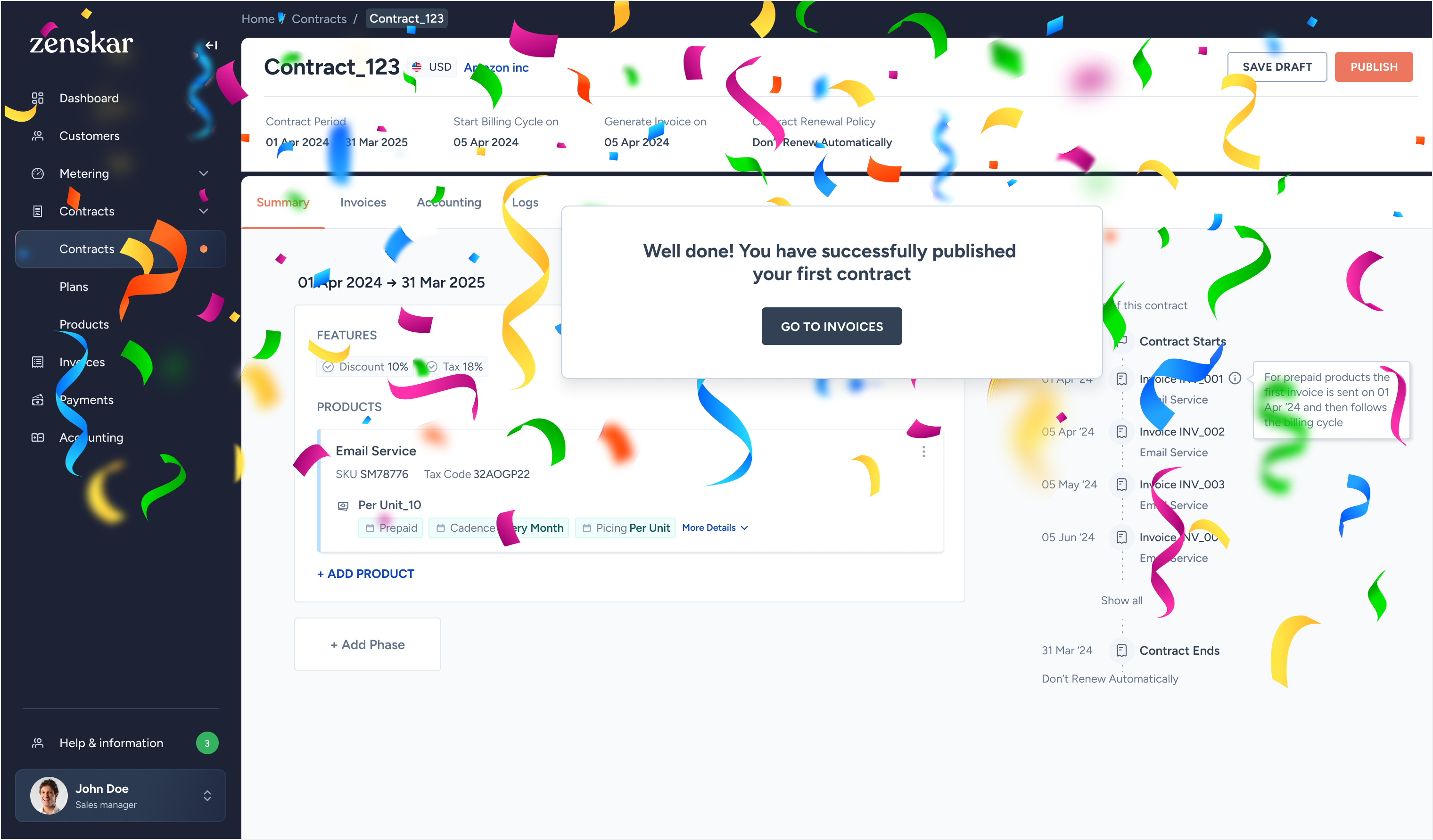 Successful publish confirmation with confetti and Go To Invoices