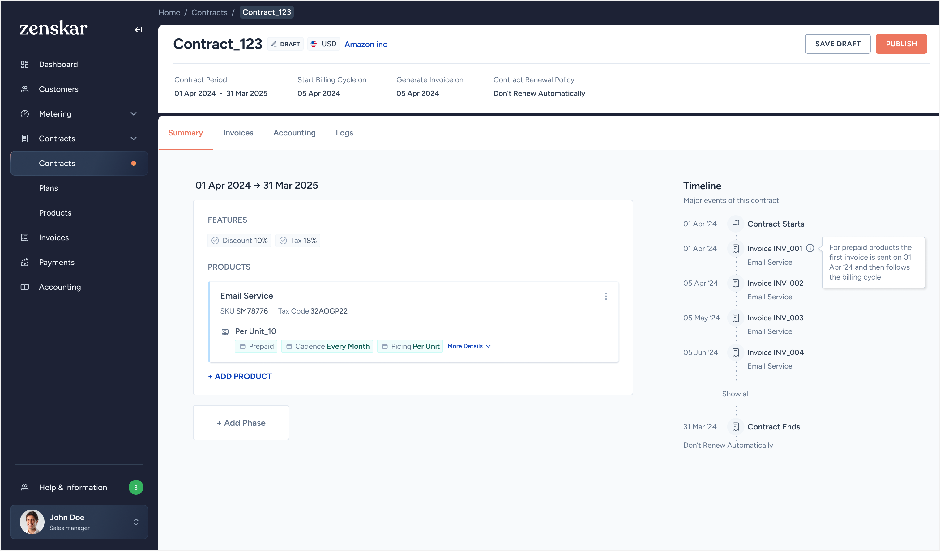 Contract detail with right-side timeline. A tooltip explains that for prepaid products, the first invoice is sent on the contract start date and follows the billing cycle thereafter.