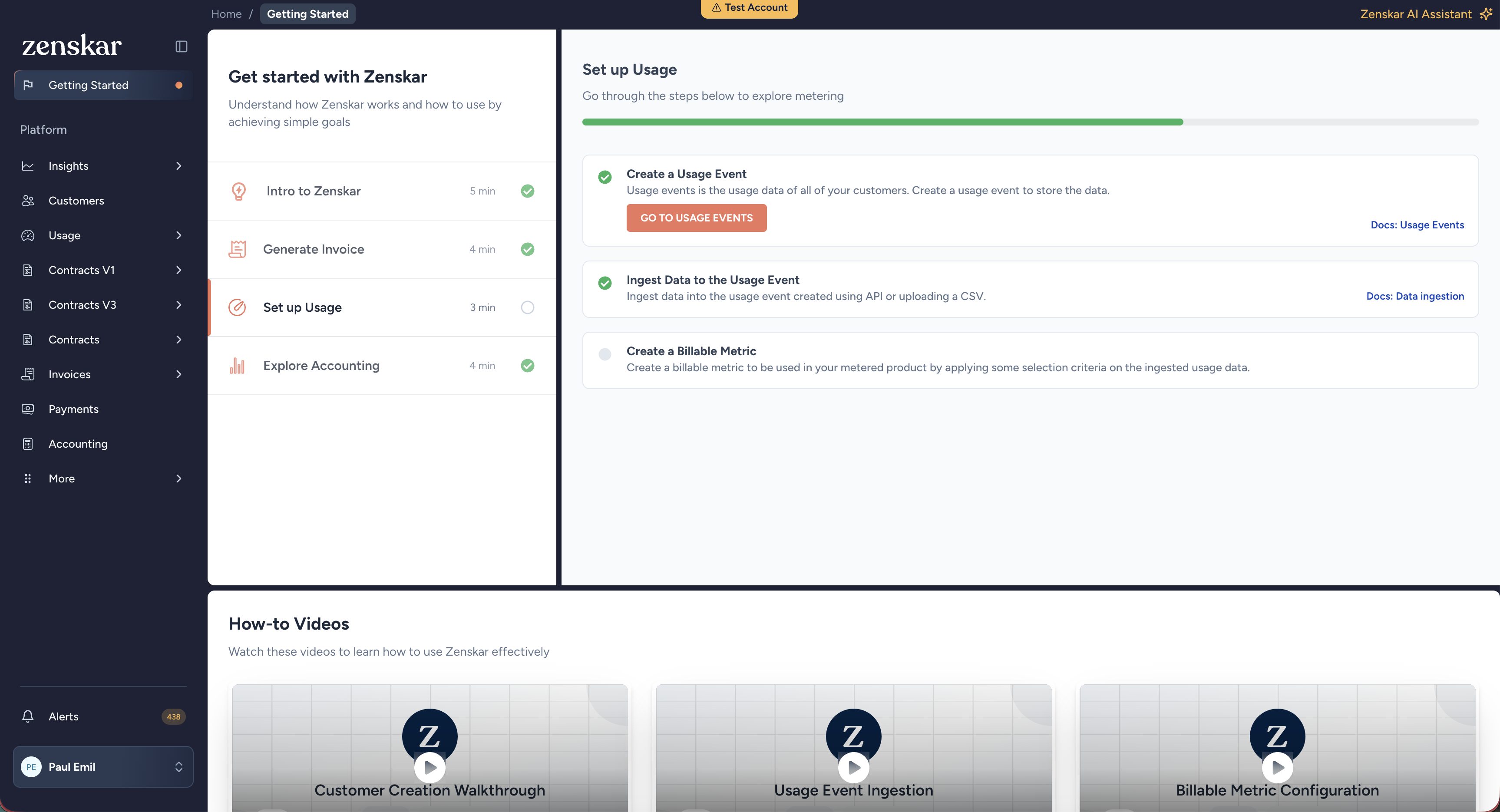Zenskar Getting Started, Set up Usage step-by-step checklist