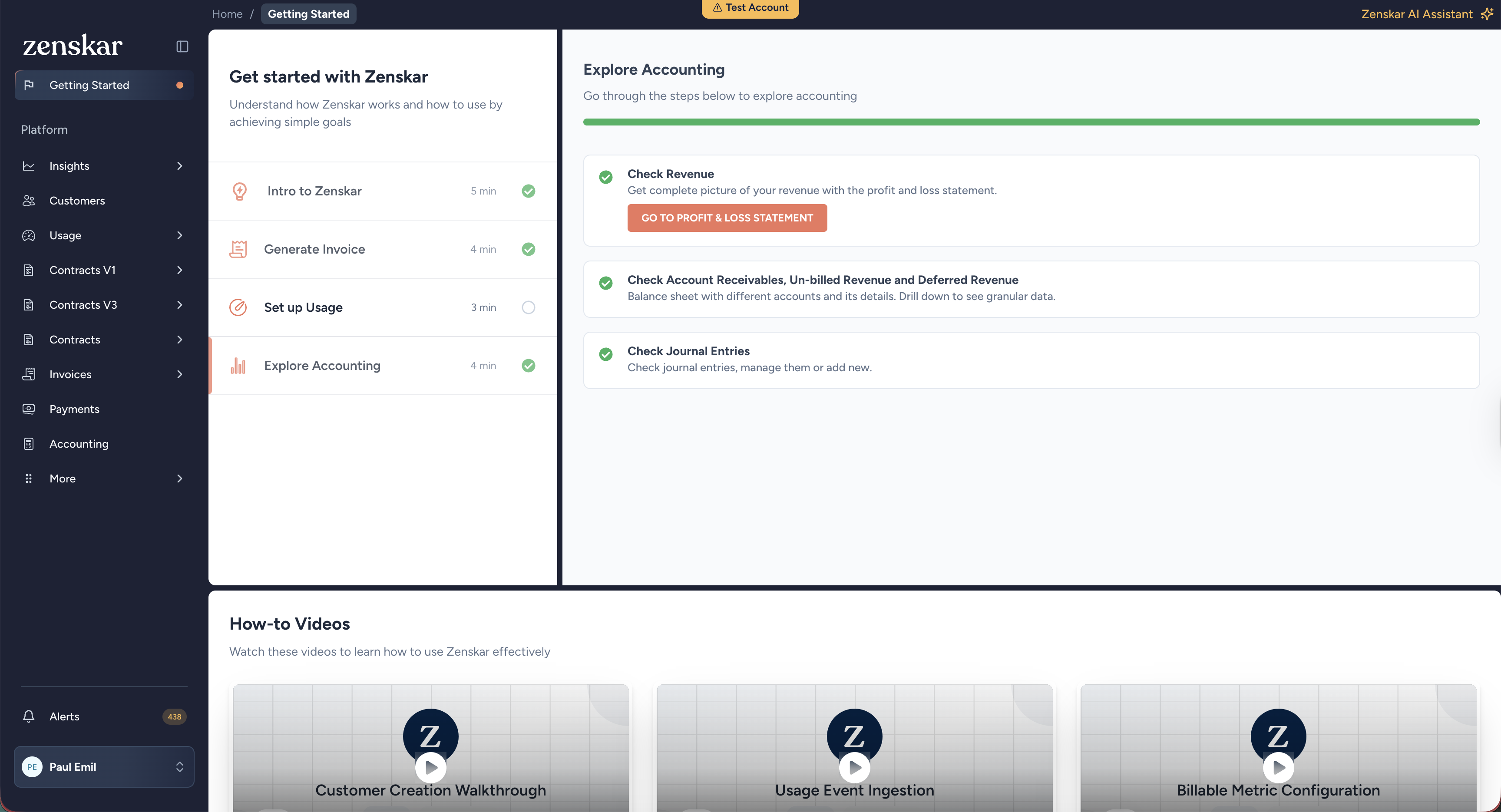 Zenskar Getting Started, Explore Accounting step-by-step checklist