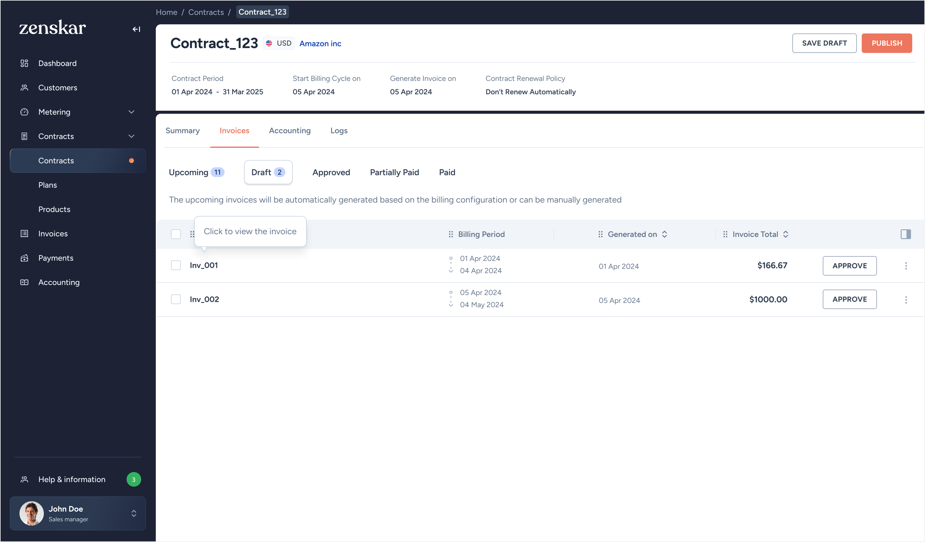 Contract invoices tab with Upcoming and Draft tables. Inv_001 shows an editable tooltip Click to view the invoice.