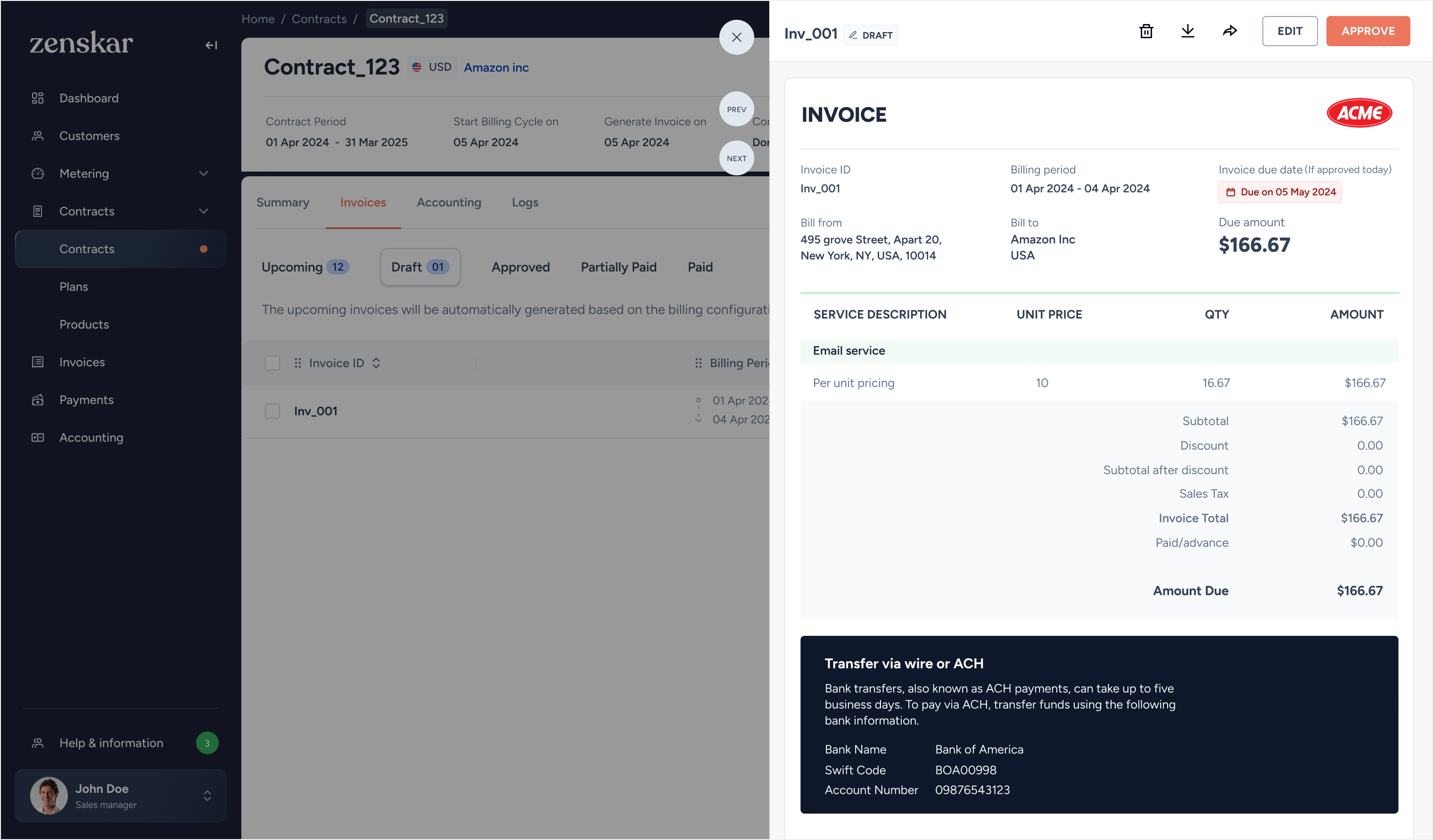 Draft invoice Inv_001 detail panel with service line, totals, and bank transfer instructions.