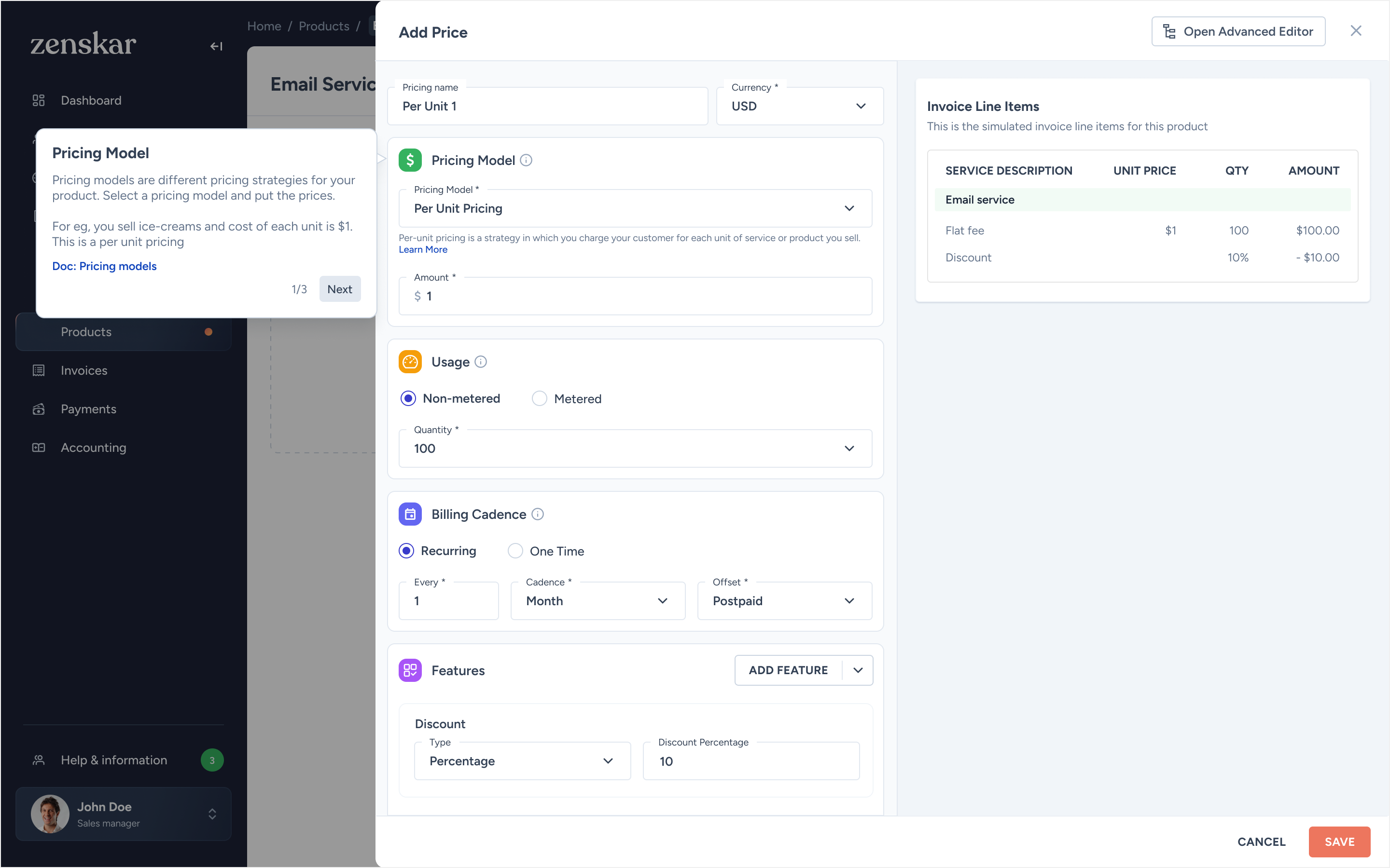 Add Price editor, pricing model tour step 1 of 3 with live invoice preview