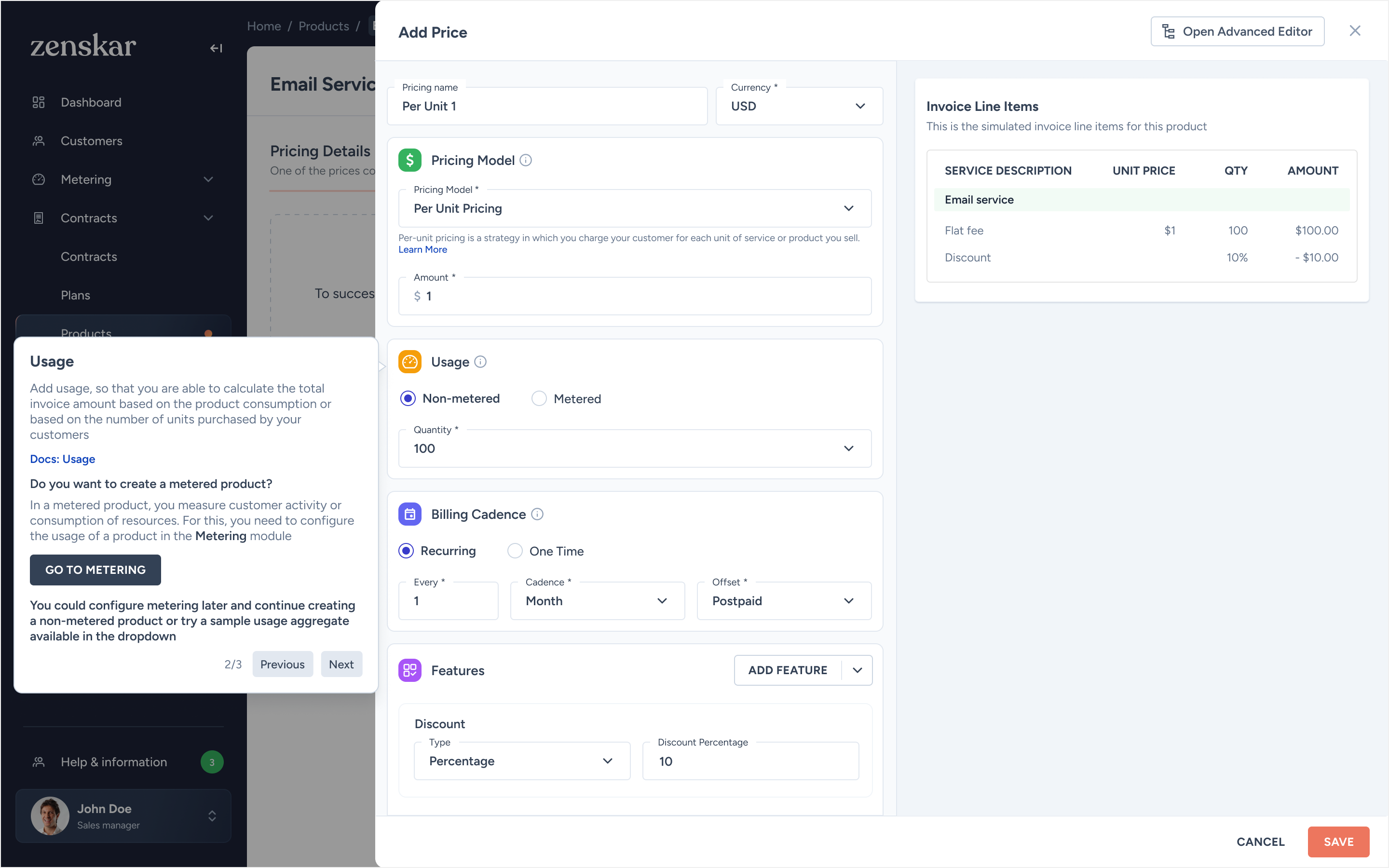 Add Price editor, Usage tour step 2 of 3 explaining metered vs non-metered