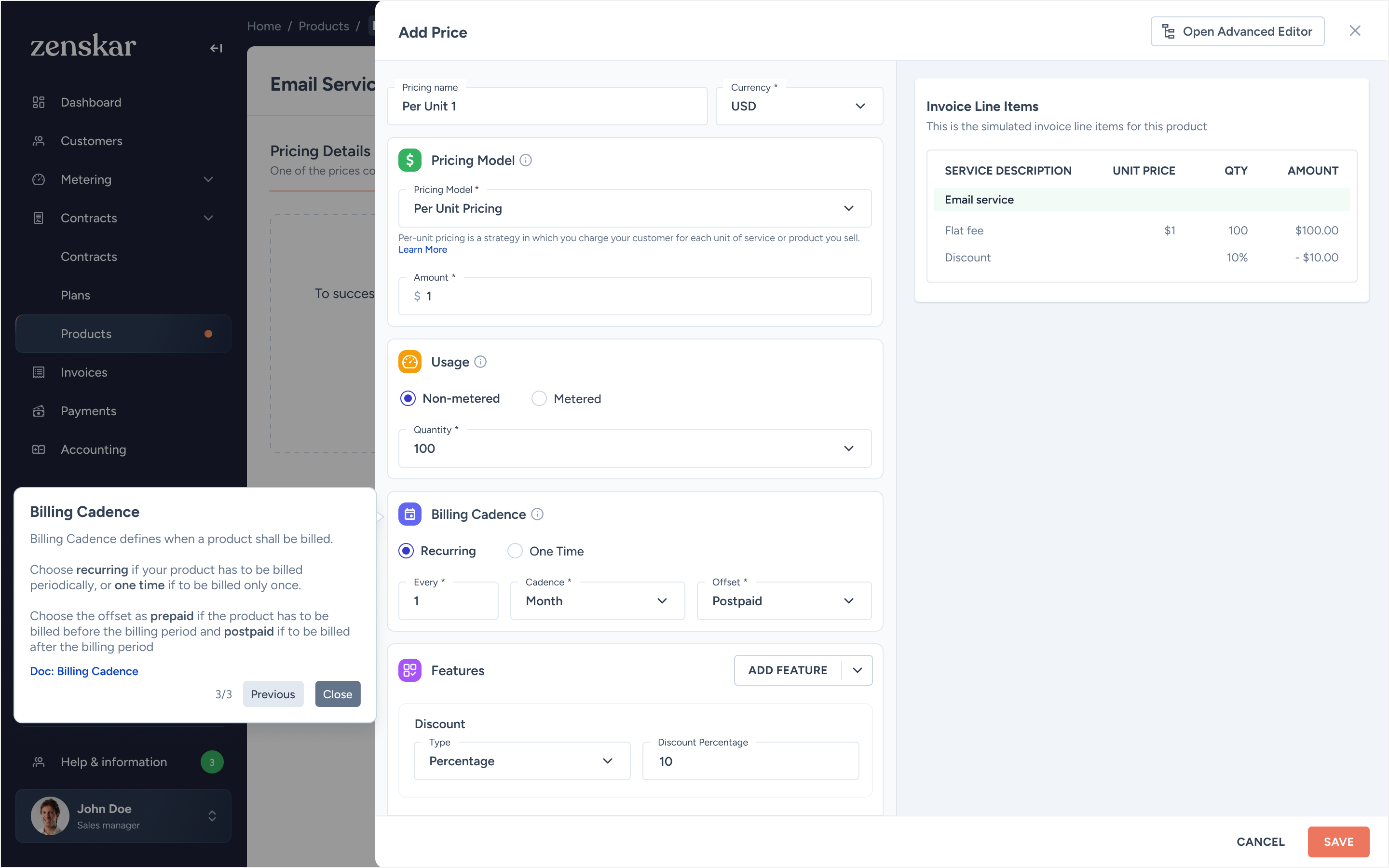 Add Price editor, Billing Cadence tour step 3 of 3 explaining prepaid vs postpaid