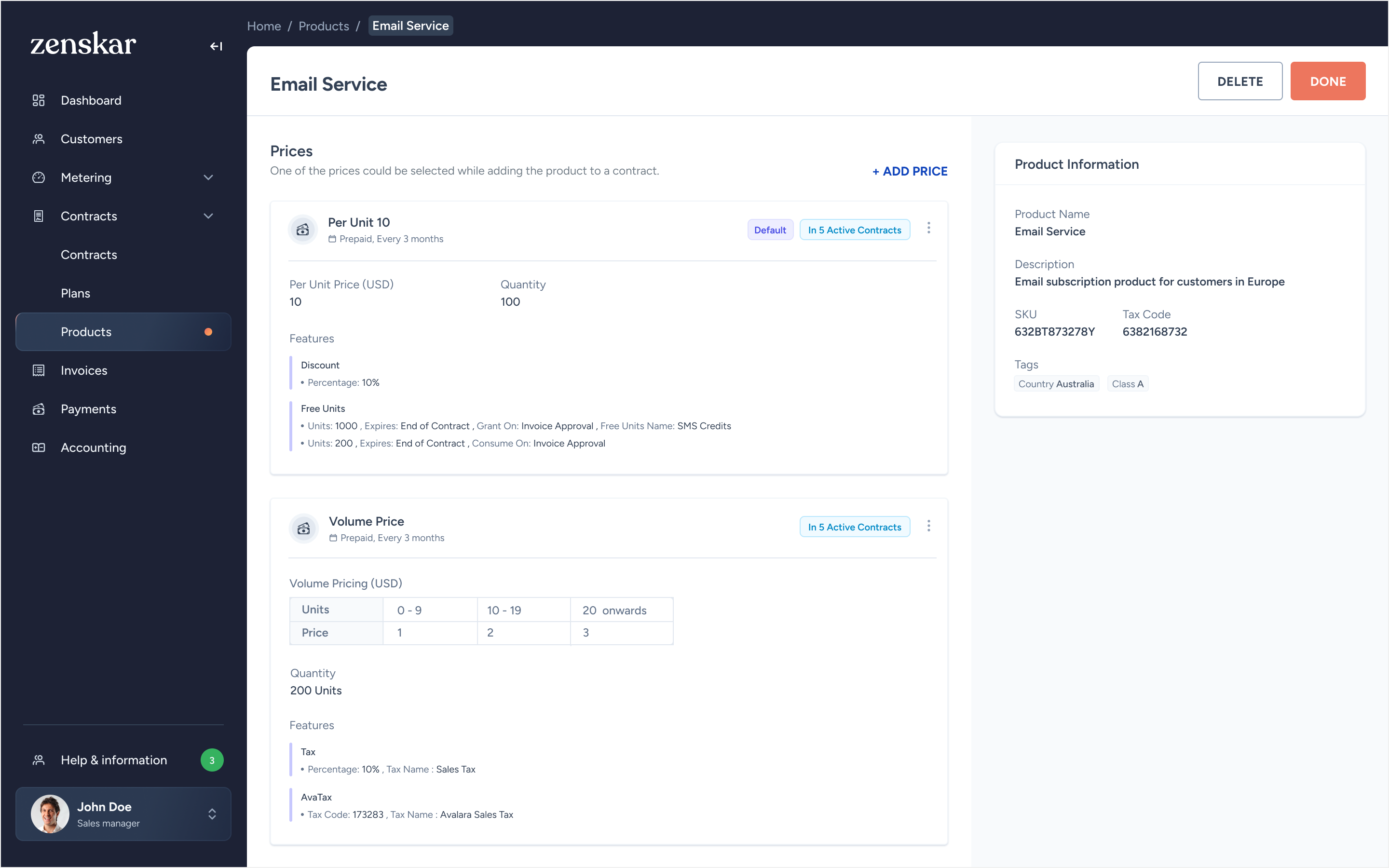 Email Service product detail with Per Unit 10 and Volume Price configured