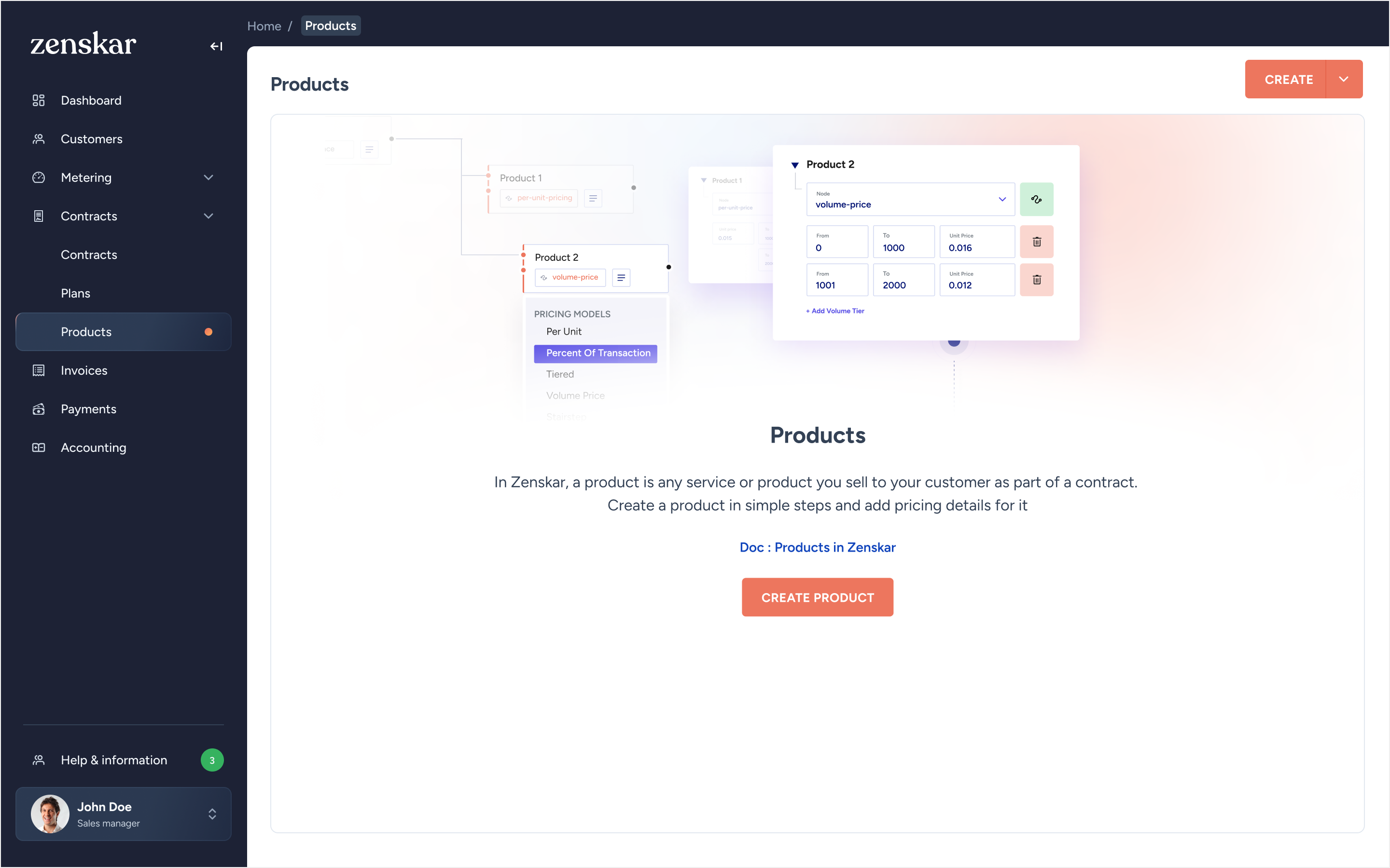 Zenskar Products empty state, educational copy and a Create Product CTA
