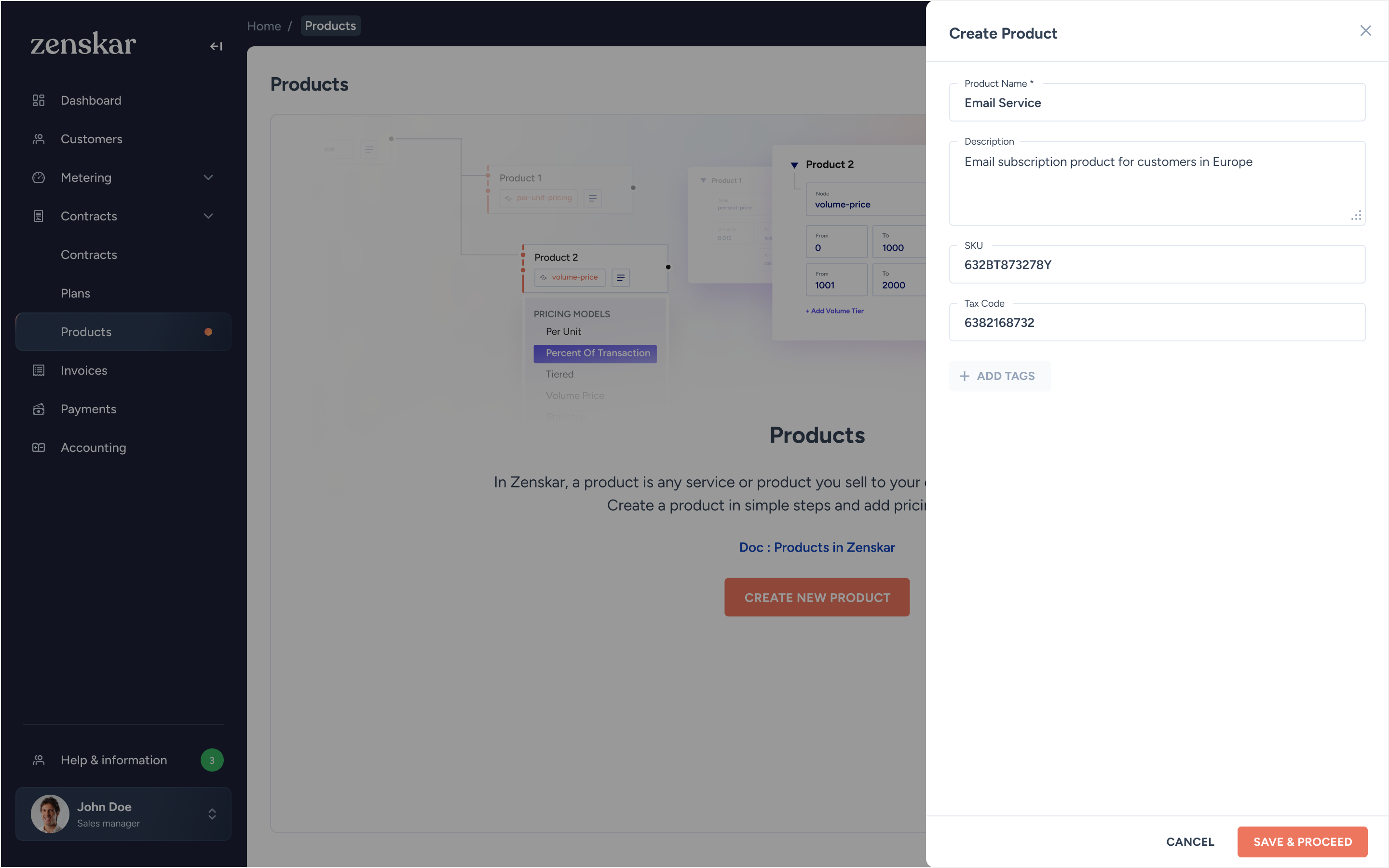 Create Product side panel with name, description, SKU, tax code, and tags