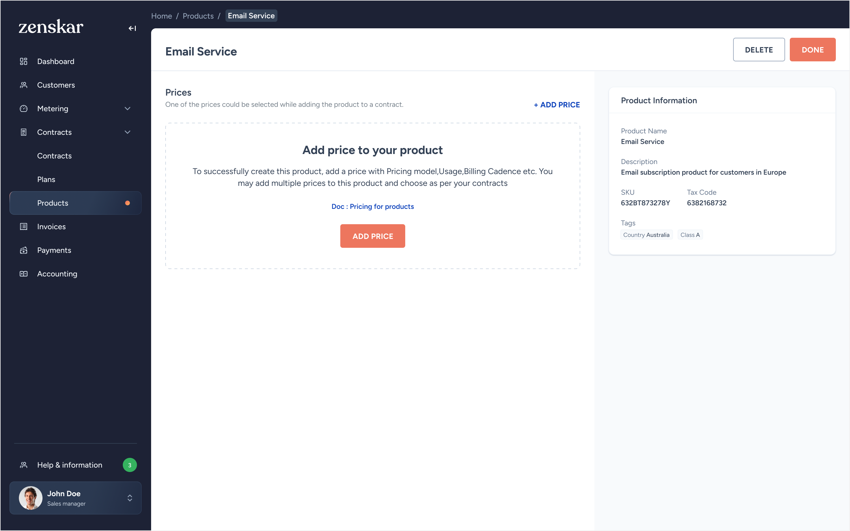 Email Service product detail, Add Price empty state with product information sidebar
